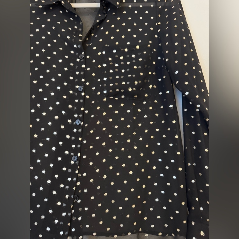 Forever 21 Black Sheer Metallic Silver Polka Dot Button Down Blouse- Medium - Picture 3 of 8